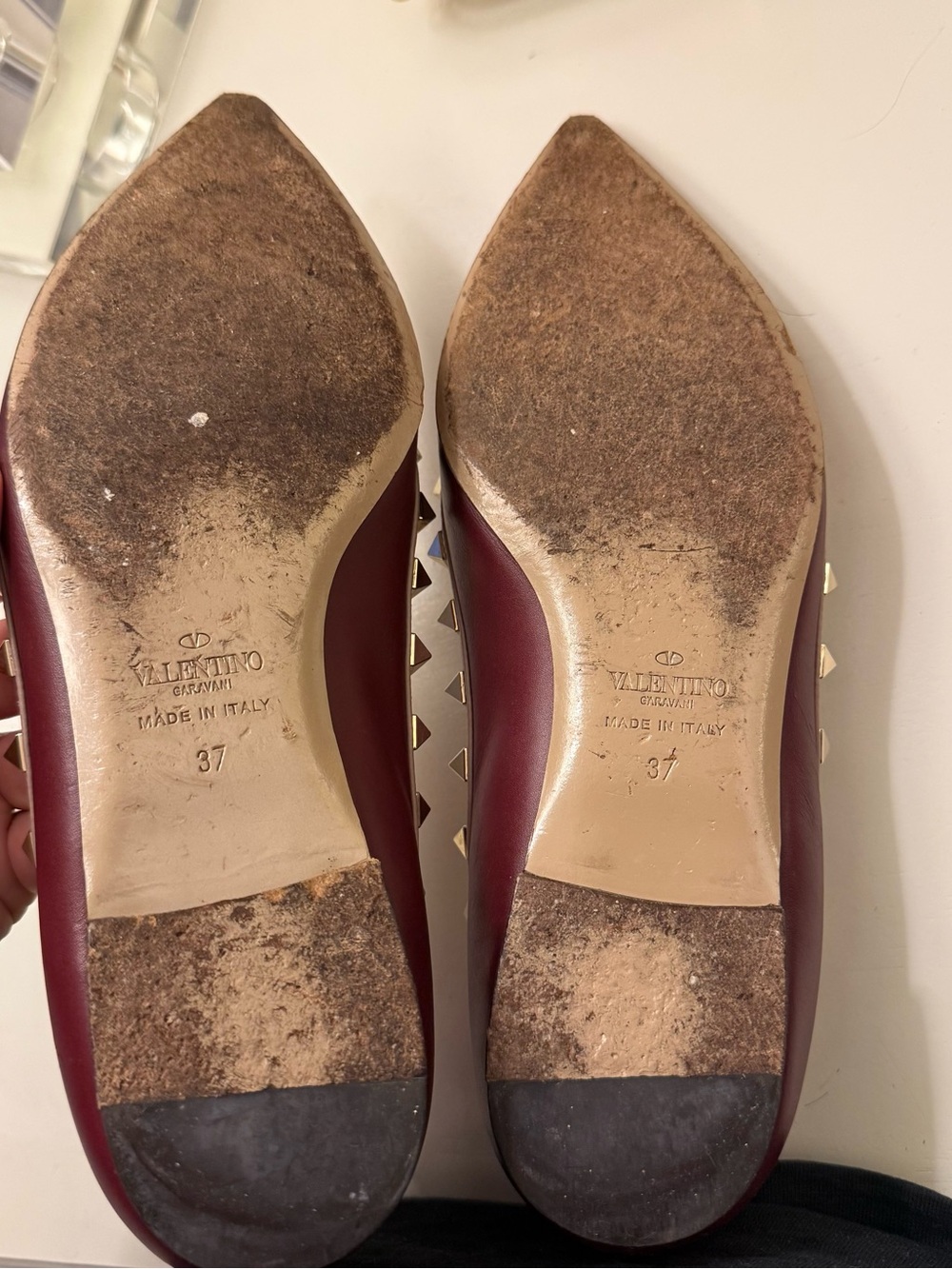 Valentino Burgundy Pointed Rockstud Leather Flats - Picture 8 of 8